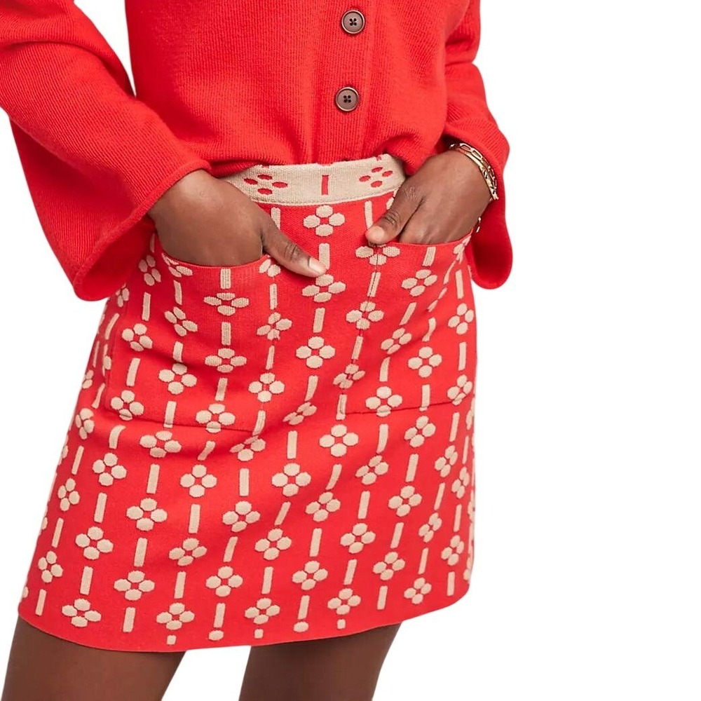 Maeve Anthropologie Red Tan Geometric Floral Knit Mini Skirt Medium M Back Zip